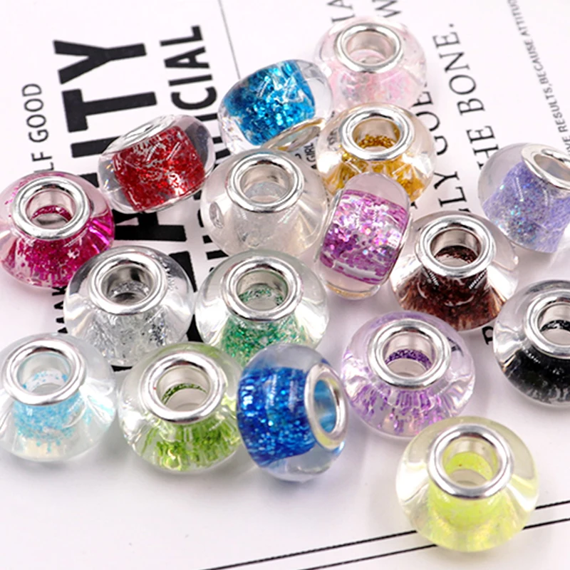 

10Pcs/lot 14mm Mixed Hand-made Lampwork European Large Hole Resin Beads with Glitter Powder New Fashion,Fit Jewelry Making