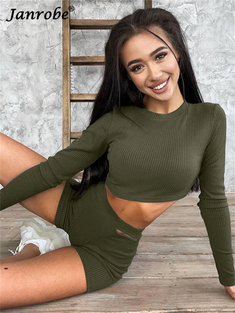 

Женский спортивный костюм Janrobe, спортивная одежда, весна 2022, повседневный Топ с длинным рукавом и шорты, комплект из двух предметов, женский ...