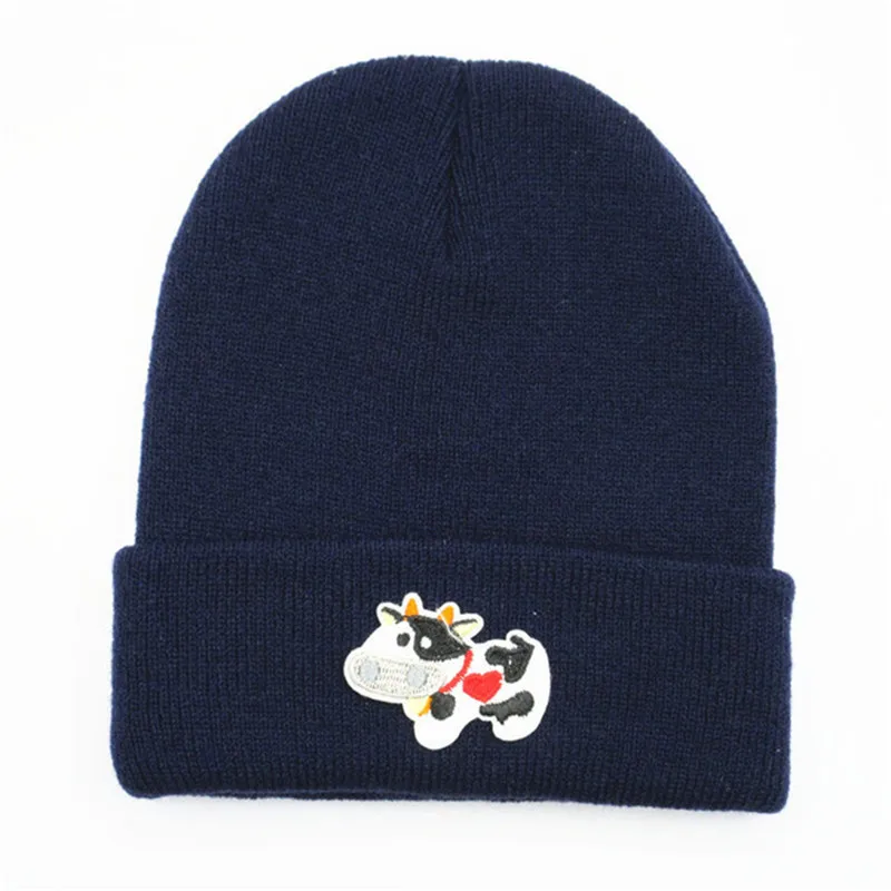Толстая вязаная шапка с вышивкой животных коровы зимняя теплая Skullies бини для