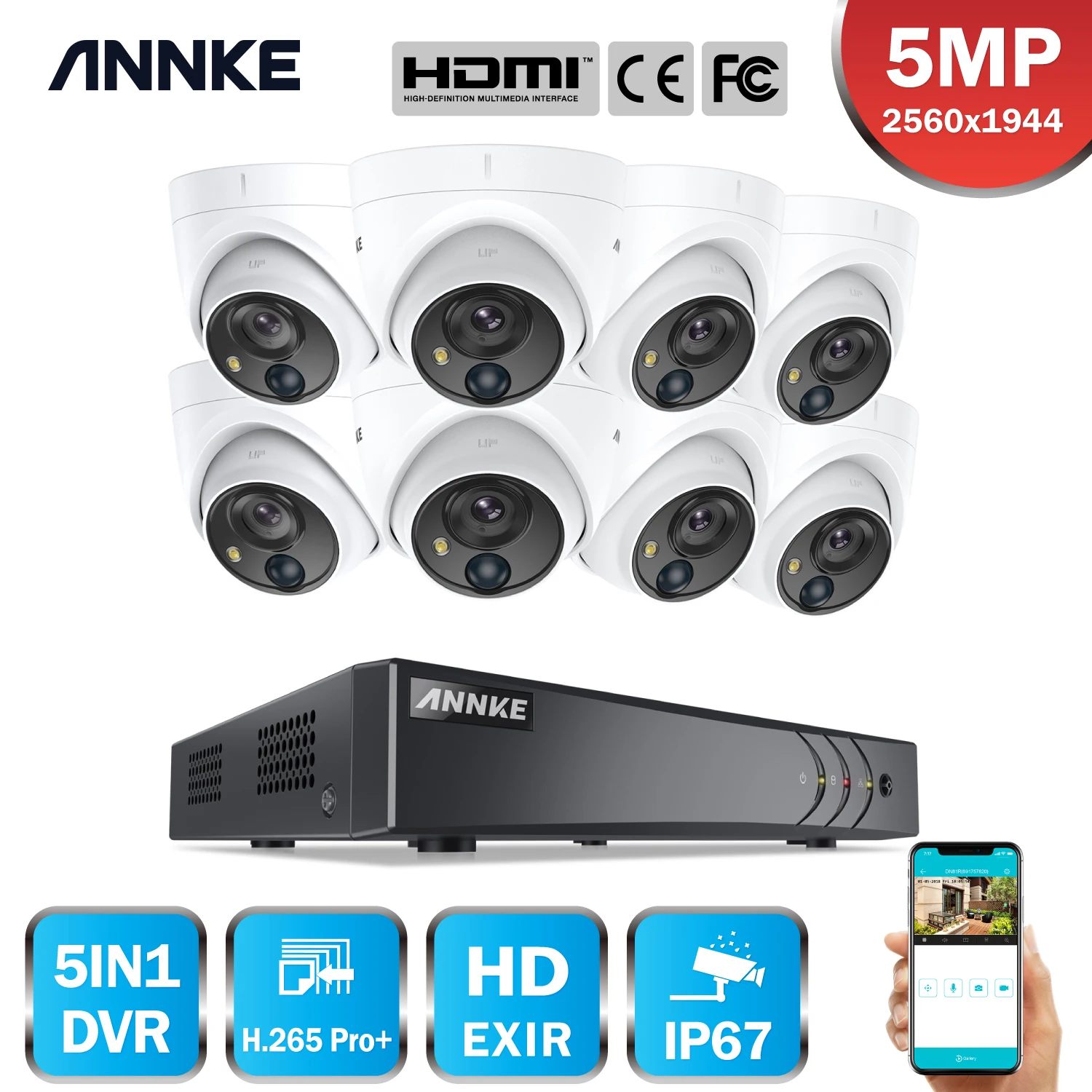 Система видеонаблюдения ANNKE 8CH 5MP Lite 5 в 1 H.265 + DVR с 8X купольными наружными