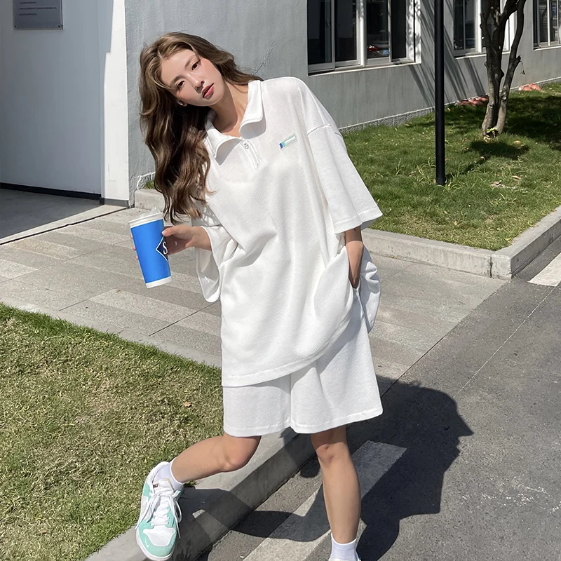 

Womens 2 Pieces Short Sleeve T Shirts Set for 2021 Korean Fashion Summer Clothes Teenage High Quality Loose Oversized Streetwear