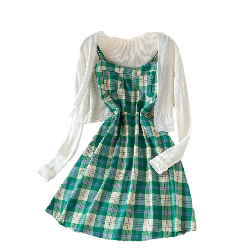 

Autumn 2021 New Girl Green Plaid Dress Women Spaghetti Strap Short Dress Two-piece Suit With Loose Thin Sunscreen Cardigan Top