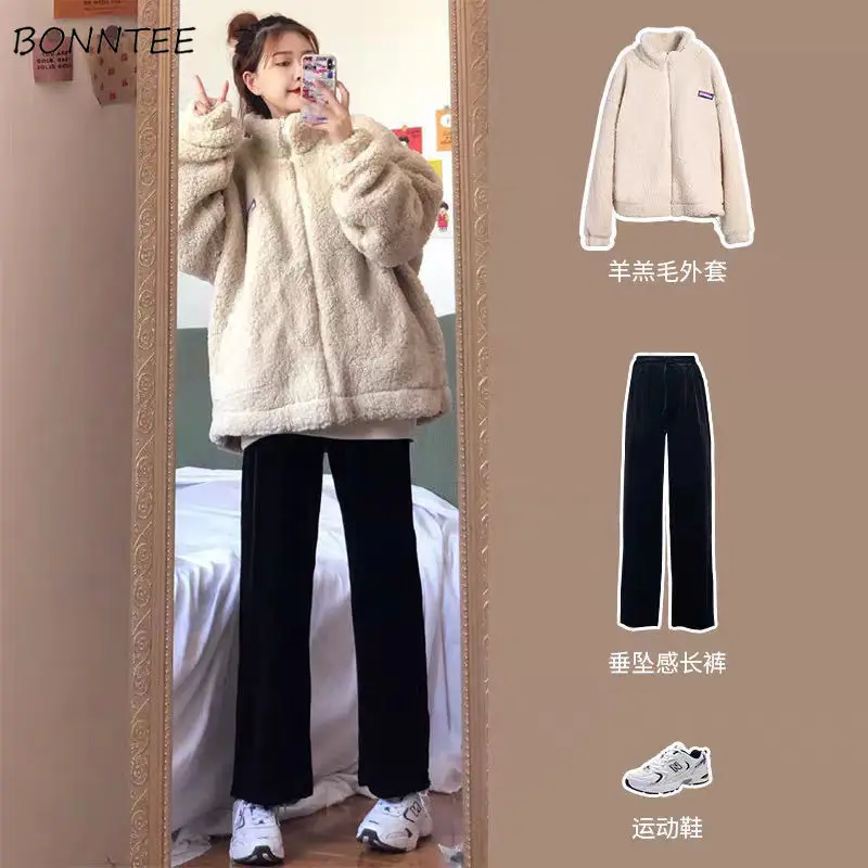 

Women Sets Winter Female Clothing Lambswool Outwear Cozy Soft Wide Leg Pants Elastic Waist Causal Preppy Fashion Ulzzang Thicken