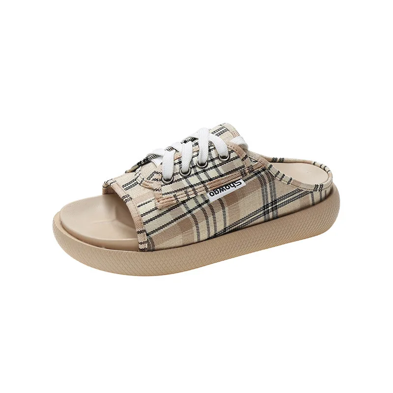 

2021 Women Canvas Slipper Woman Lace Up Outdoor Slippers Ladies Peep Toe Flat Sandals Casual Female Fashion Beach Shoes A868