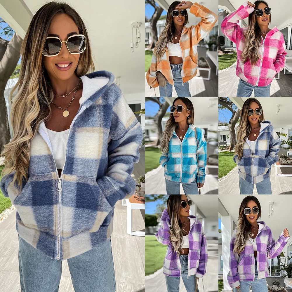 

Autumn/winter 2021 warm top, plush plaid hooded coat, loose zip-up women