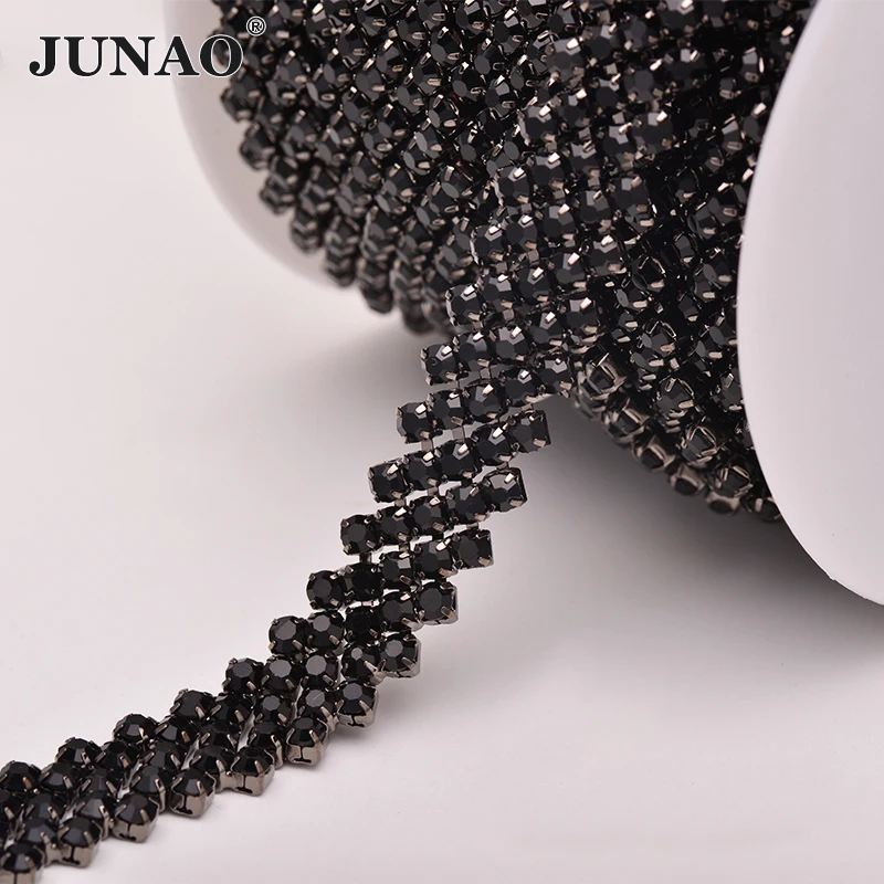 JUNAO 1 ярд SS16 черная стеклянная цепочка со стразами серебряная металлическая