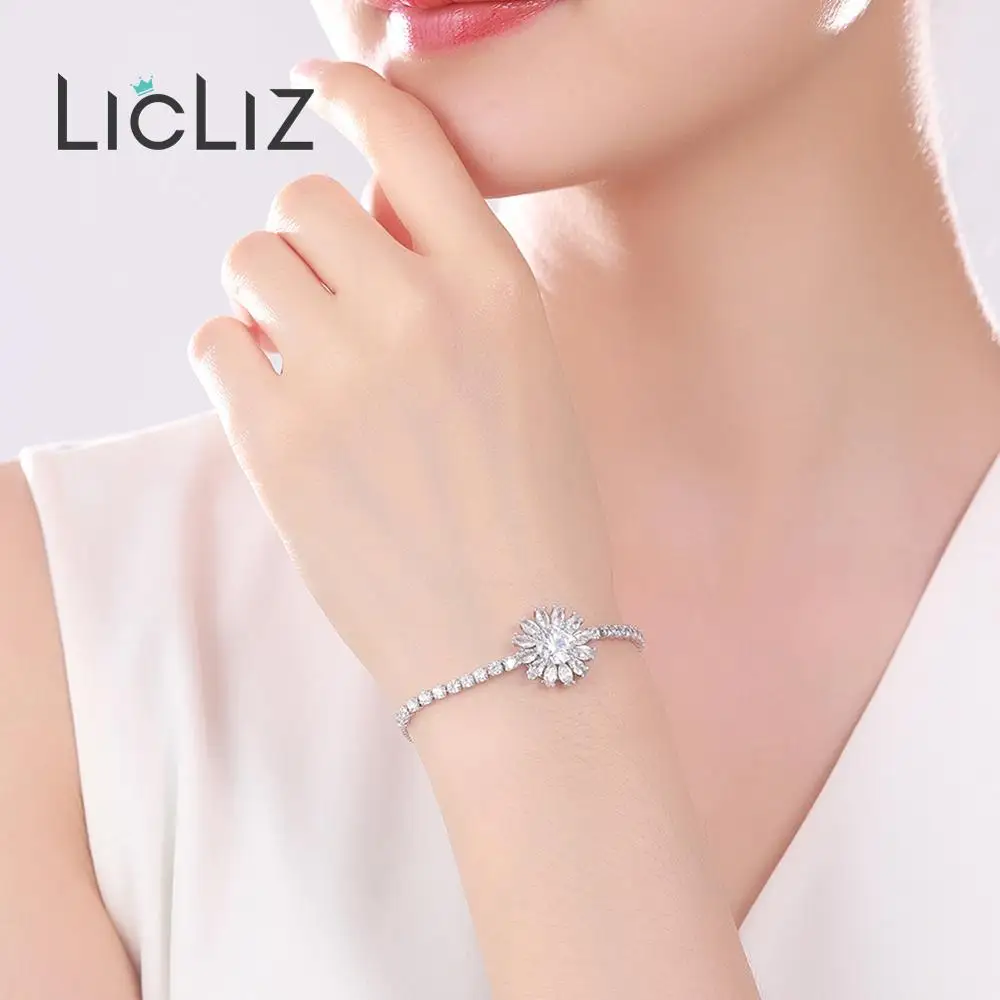 LicLiz,, модные, Роскошные, геометрические, цветочные, очаровательные, регулируемые браслеты для женщин, циркон, белое золото, коробка, цепь, ювелирное изделие, LUB0207
