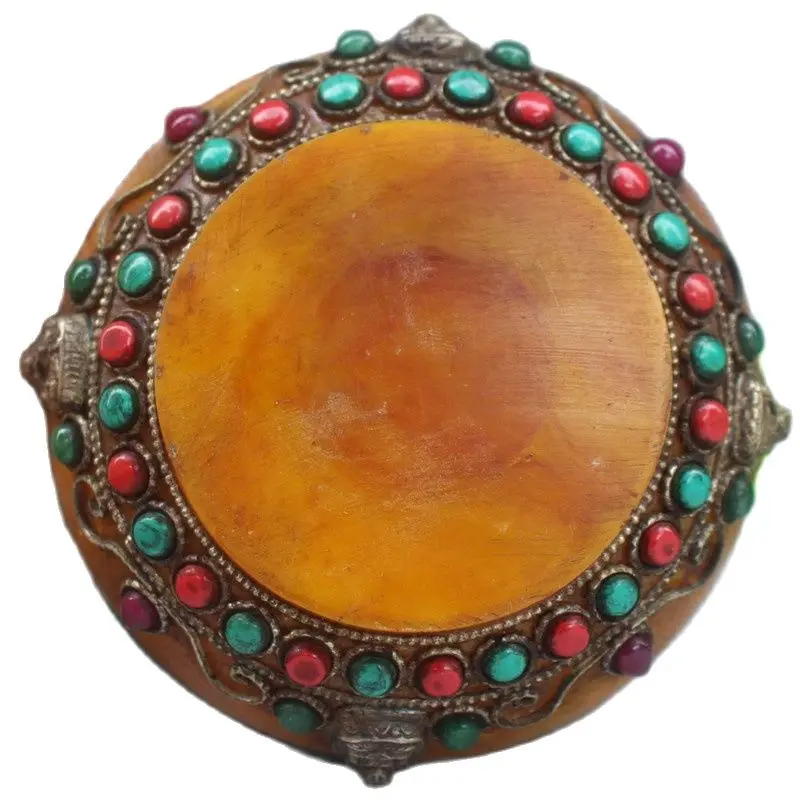 Antique amber inlaid with natural green turquoise coral Tibetan Buddhist bowl collection craft gift | Дом и сад