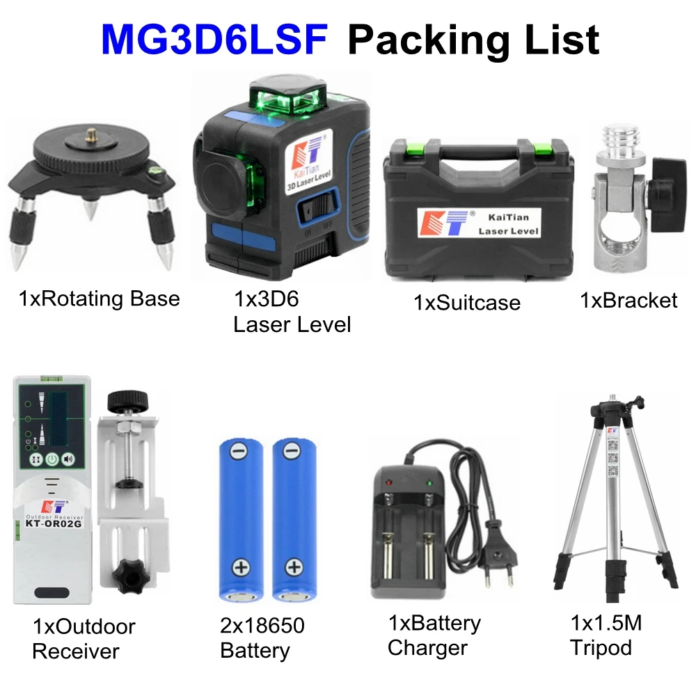 KaiTian 3D Laser Level 360 Powerful 532nm 12 Lines Self-Leveling Horizontal Vertical Green 3D Line Lazer Level Lasers Receiver