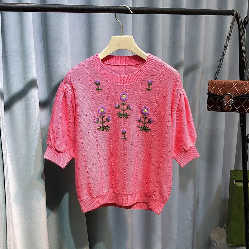

Spring Autumn Women's High Quality 90%wool Sweaters Sweet Floral Embroidery Short sleeves Pullovers sweater C138