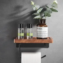 Wood and Black Paper Holder Wall Mounted Paper Towel Rack Walnut Wood Toilet Shelf Bathroom Accessories