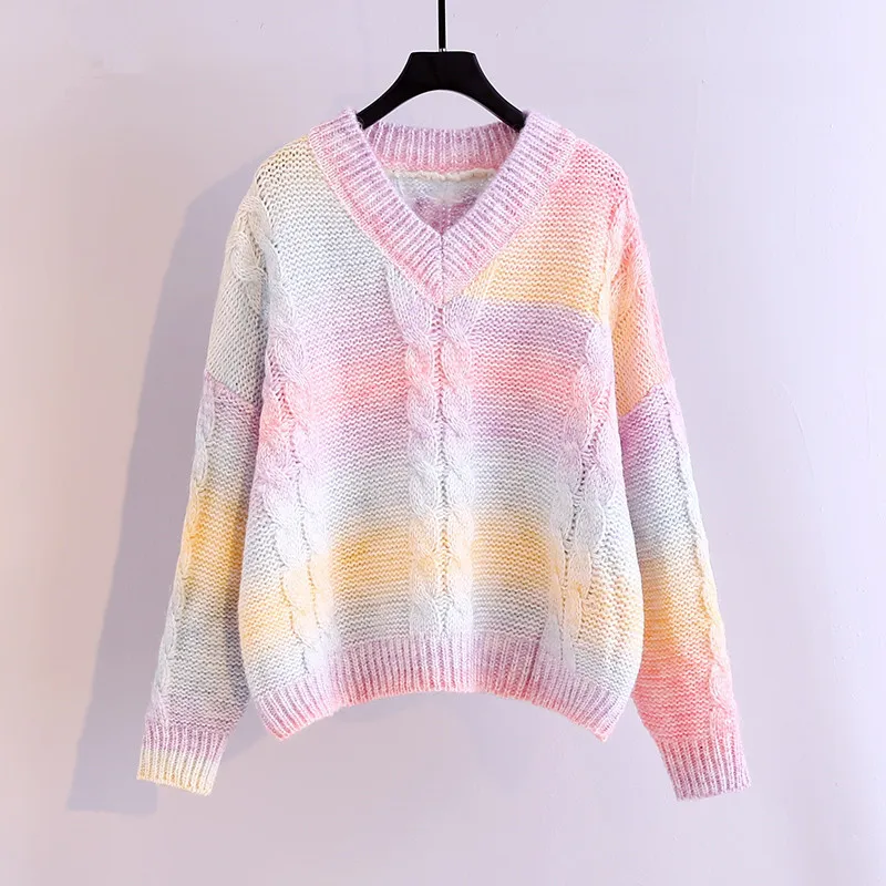 

свитер женский Korea Fashion Gradient Striped Long Sleeve Winter Sweater Women's Loose V-Neck Pullover Femme Knitted Sweaters