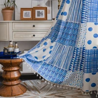 blue and white grid geometric stitching printing bedroom curtains with tassels bohemian bay window kitchen partition finished 4