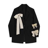 2022 fashion womens blazer long sleeve black suit coats bow lace up design autumn new casual jacket office lady loose suit coat