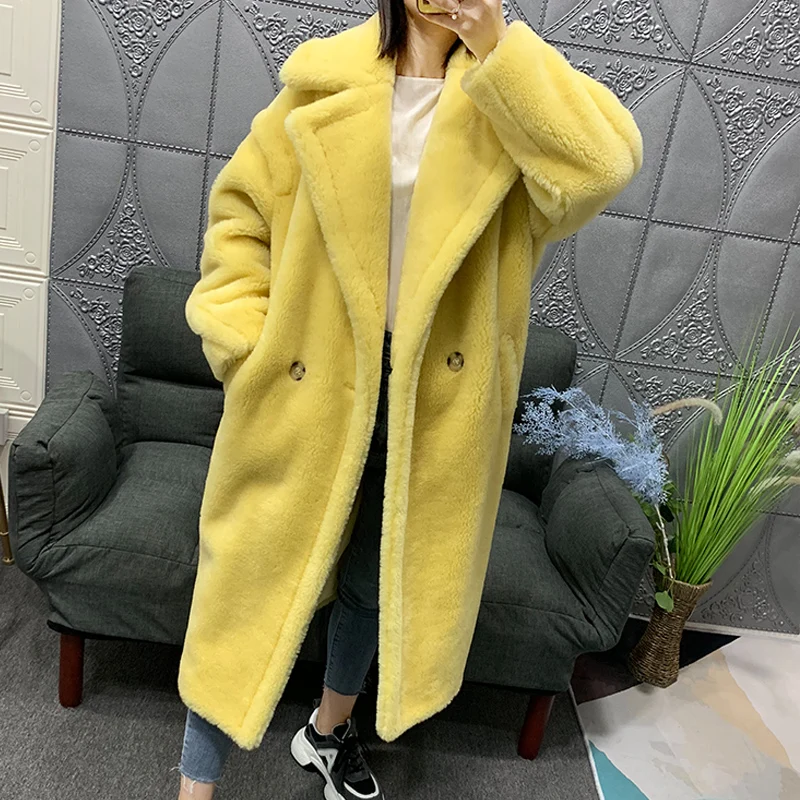 Женское длинное приталенное пальто из овчины натуральной зернистой овечьей