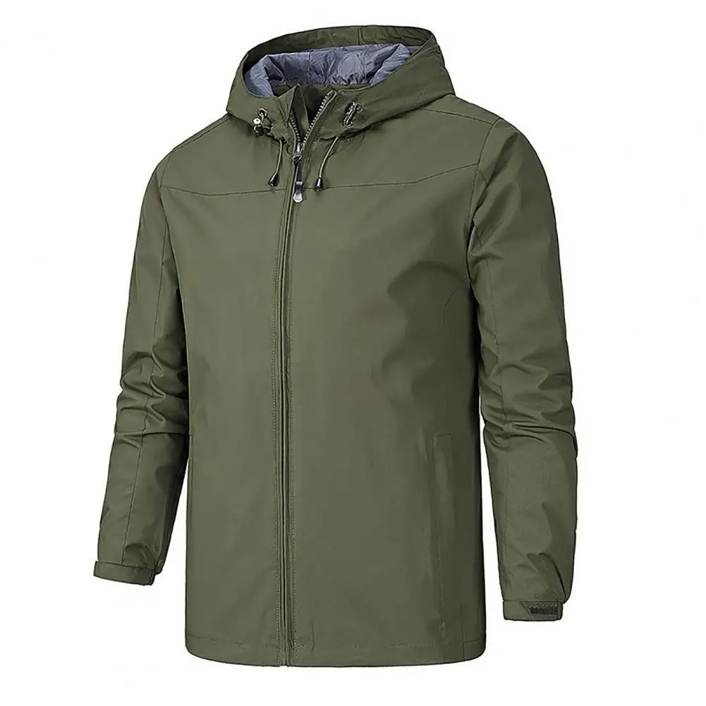 

Windproof Hooded Men Jacket Zipper Closure Polyester Cardigan Coat Autumn Winter 2021 Long Sleeve Solid Color Outerwear Top