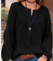 womens round neck long sleeves with buttons solid color cotton and linen series casual comfortable loose casual shirt