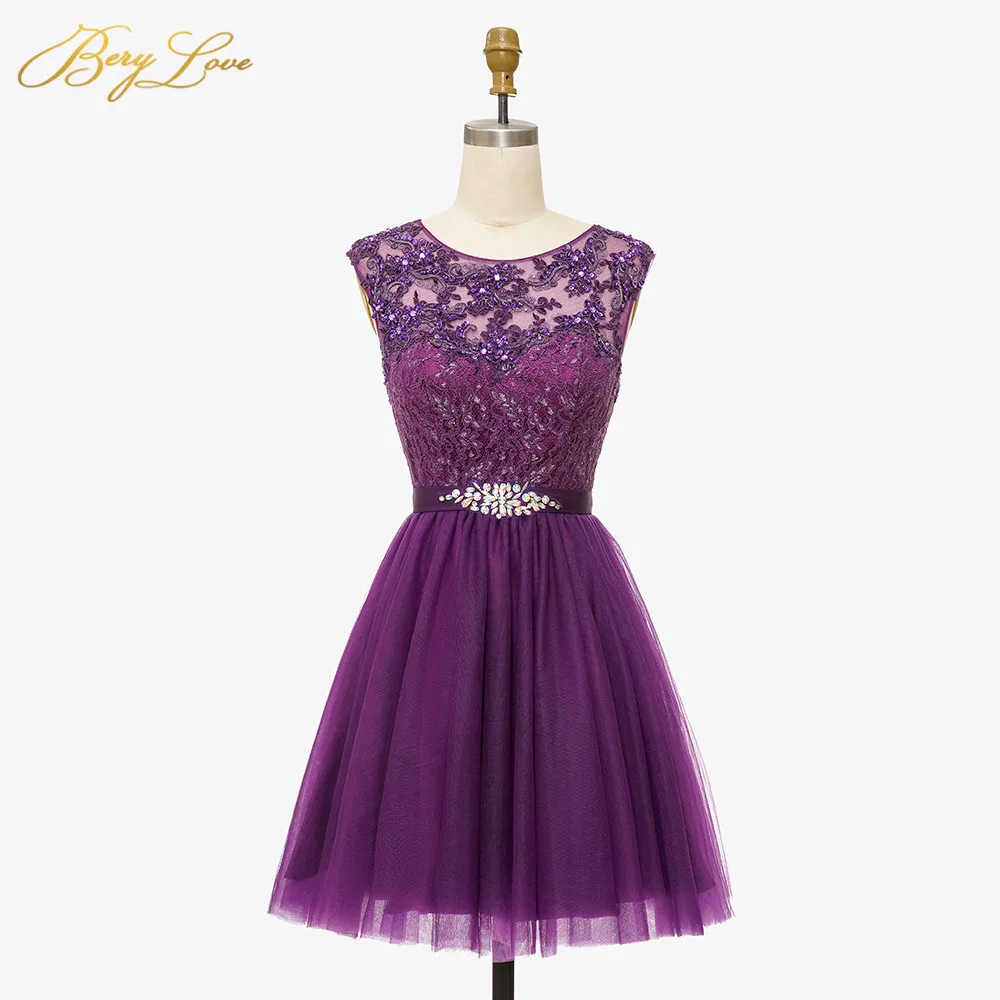 Cute Short Purple Homecoming Dress 2021 Mini Beaded Lace Homecoming Dress Tulle Homecoming Gown Crystal Cheap Graduation Dress