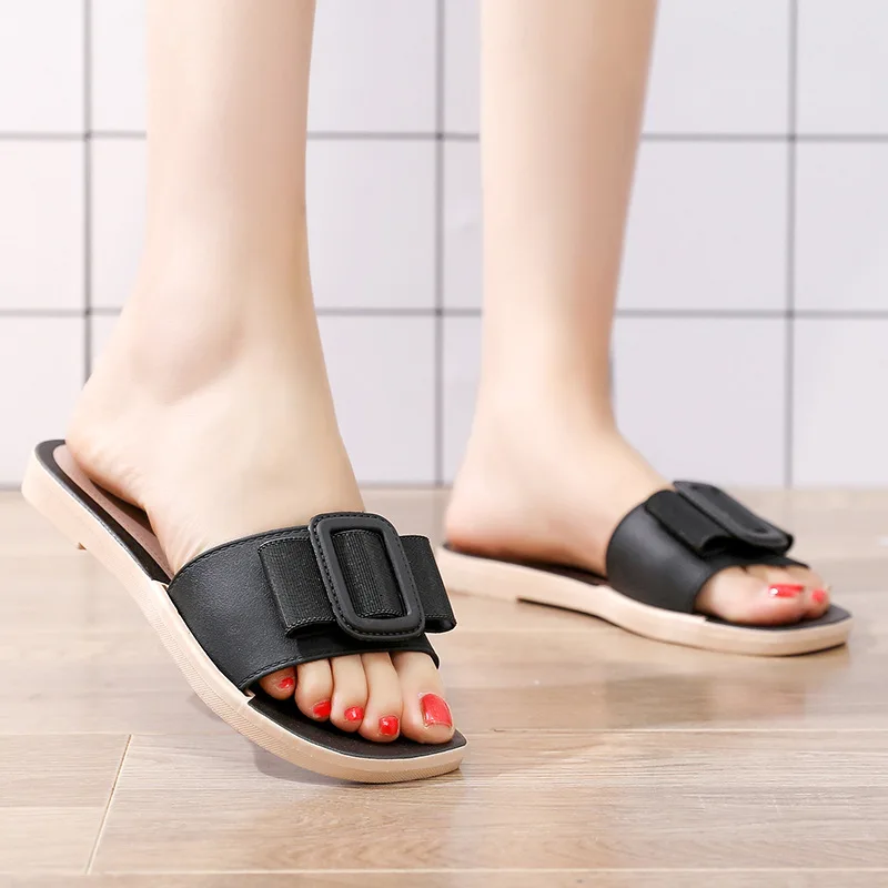 Korean Fashion Slippers Slippers Women Wear Versatile Flat Bottom Square Button Slippers Antiskid Beach Shoes