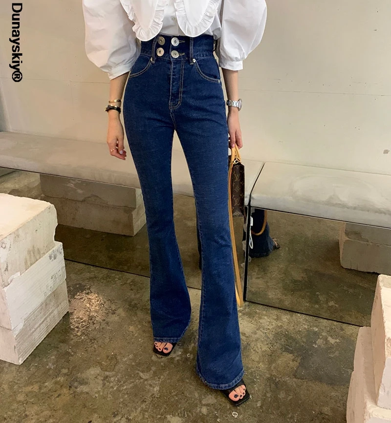 

Chic High Waist Buttons Flare Jeans Pants for Women Casual Ladies Denim Blue Trousers 2021 Spring Summer