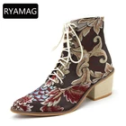 Красивые женские ботинки RYAMAG, в стиле ретро, с острым носком, на толстой подошве, с кружевом, с вышивкой, большие размеры 43, для зимы
