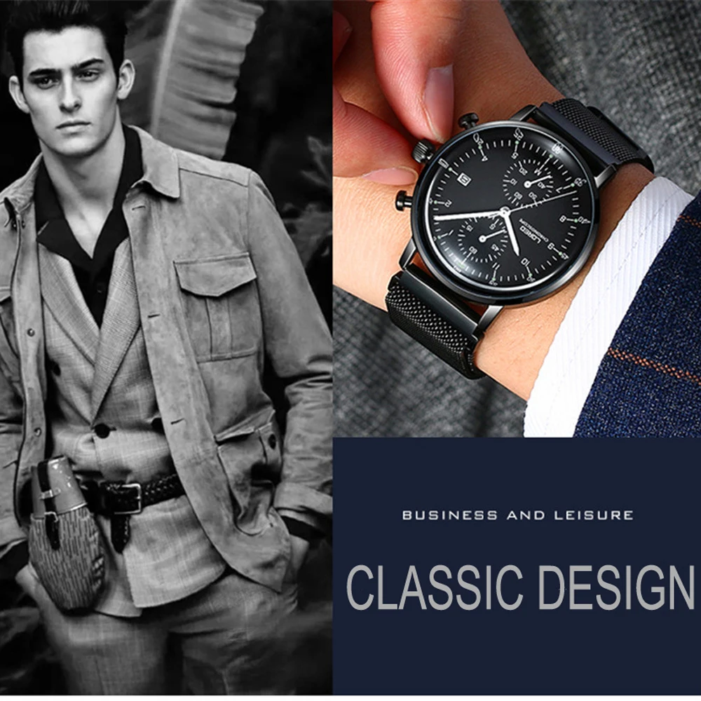 

LOREO Men's Quartz-Watch 316L Stainless steel Mesh belt Date Luminous 30M Waterproof Sport WristWatch Man Quartz Watches Men