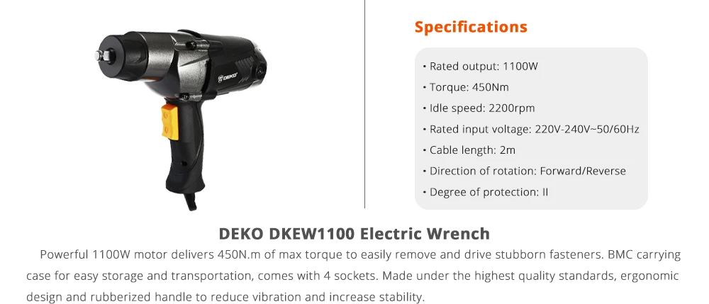 DEKO DKEW1100 1100 Вт Электрический ударный гайковерт проводной 1/2 дюйма, 450н. М Максимальный крутящий момент, 2200 об/мин скорость