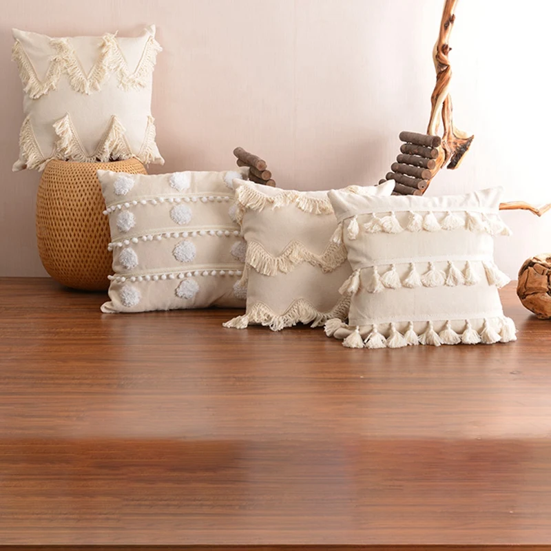 

2PCS Boho Style Cushion Cover Plush with Tassels Moroccan Style Pillowcase Lace Home Sofa Decoration, Wave & Snowball