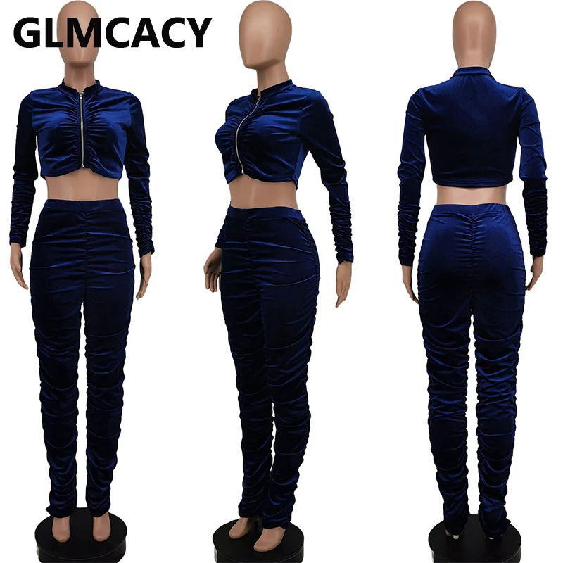 

Women Two Piece Velvet Tracksuits Long Sleeve Zipper Crop Top & Ruched Pants Set