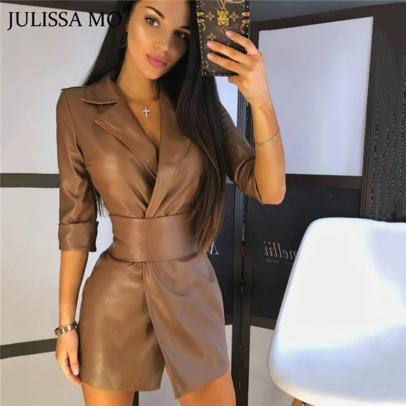 Женский кожаный блейзер Julissa Mo с отложным воротником и поясом черное офисное