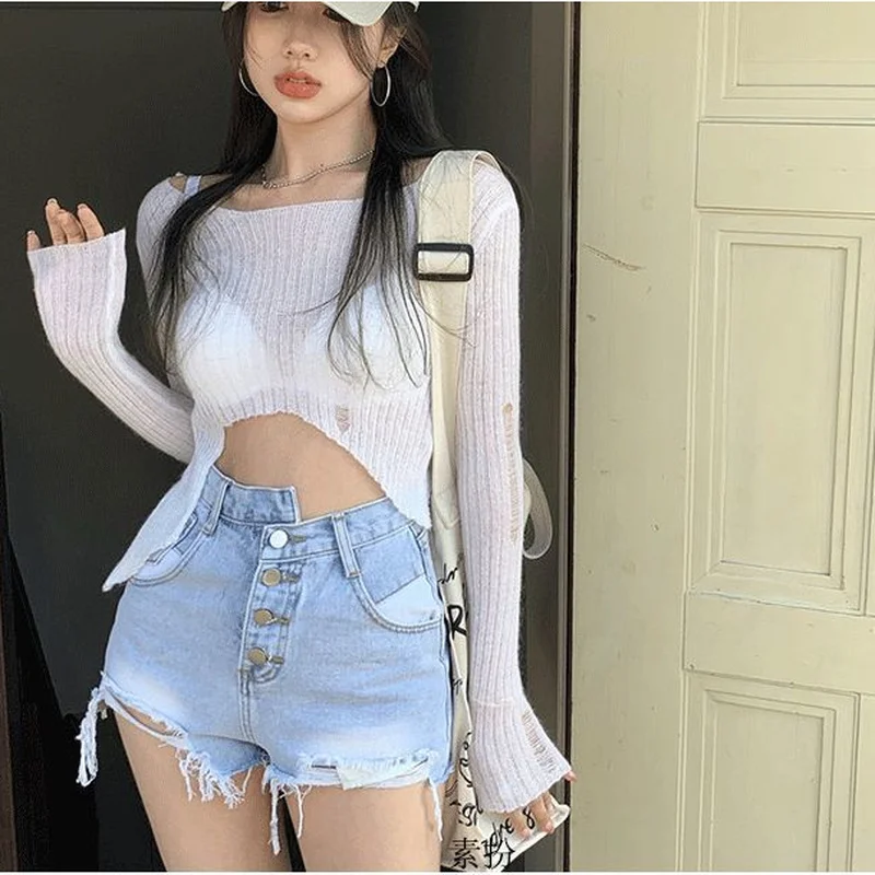 Шорты женские летние ассиметричные рваные в Корейском стиле |