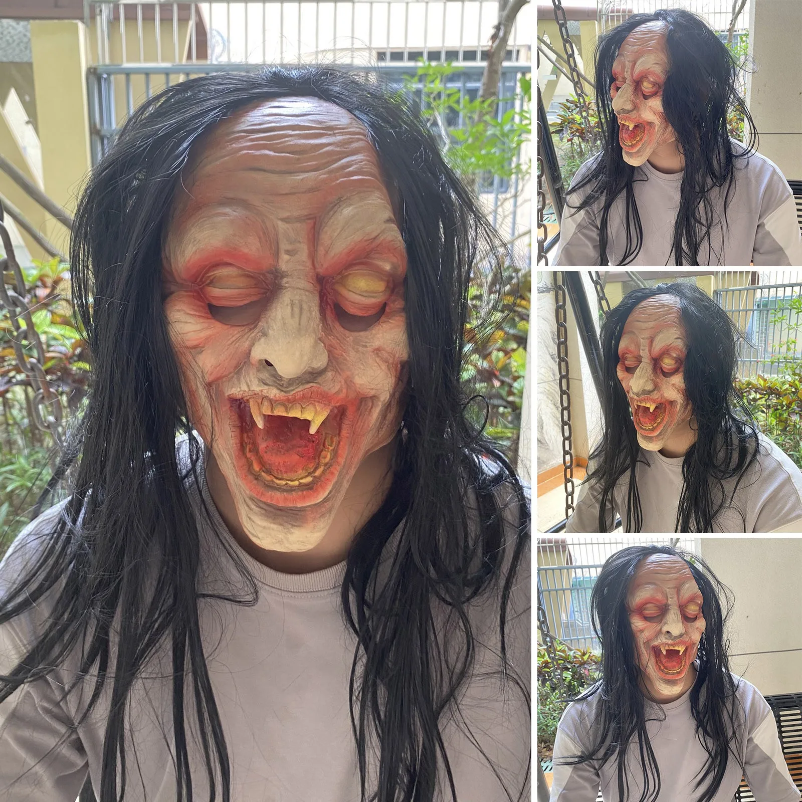 

Zombie-bad Face Halloween Scary Face Ghost Mask Creepy Black Long Wig Mask Party Novelty Funny Toy For Kids Birthday Party Gift