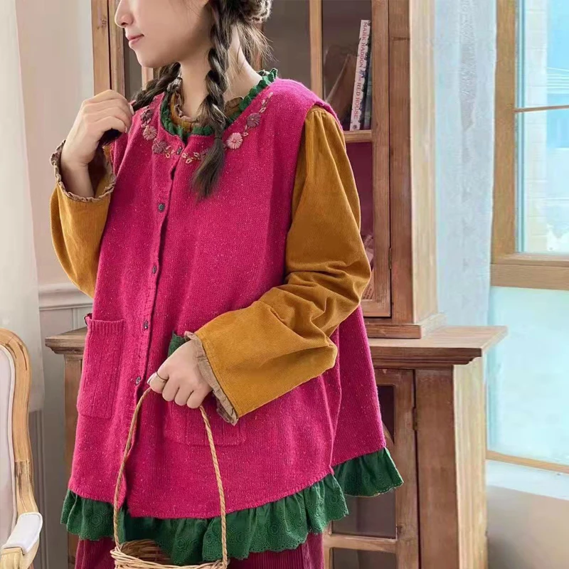 

Женский жилет без рукавов Johnature, свободный Универсальный жилет в японском стиле мори с вышивкой и оборками и карманами для осени, 2023