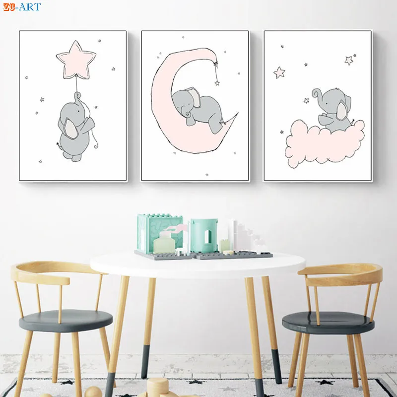 Слонами Носки с рисунком Луны и дизайн со звездами Печать Дети стены искусства