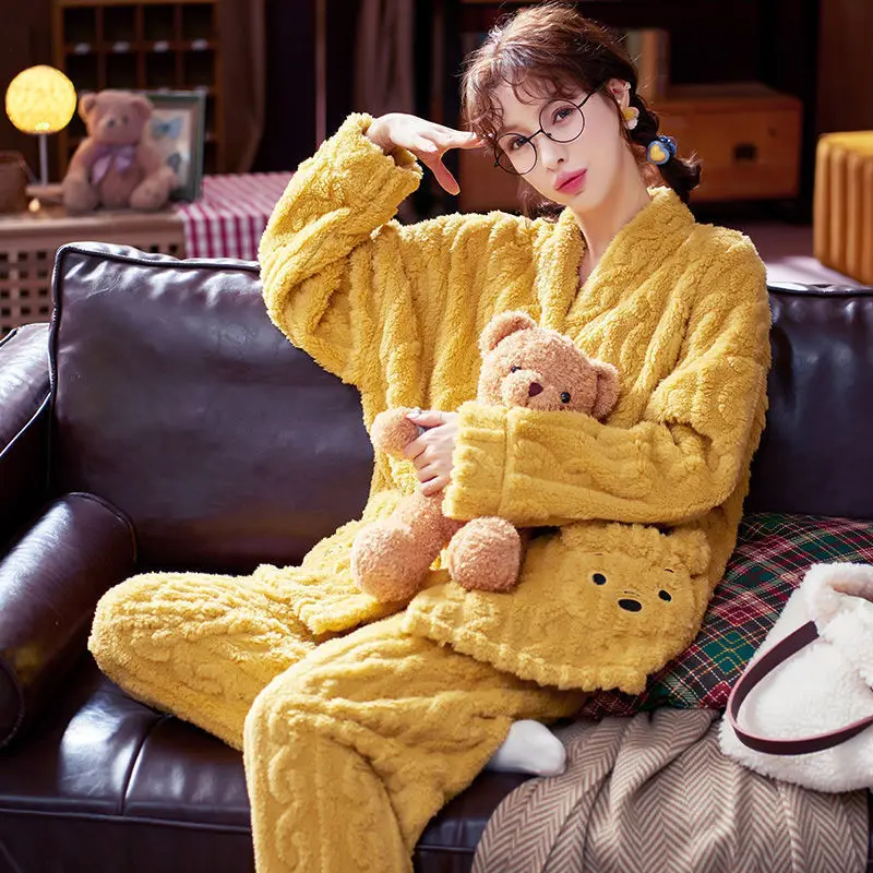 Coral Velvet Pajamas Women's Winter Plush Thickened Cardigan New Cute Cartoon Flannel Home Clothes Winter Set Pajamas for Women