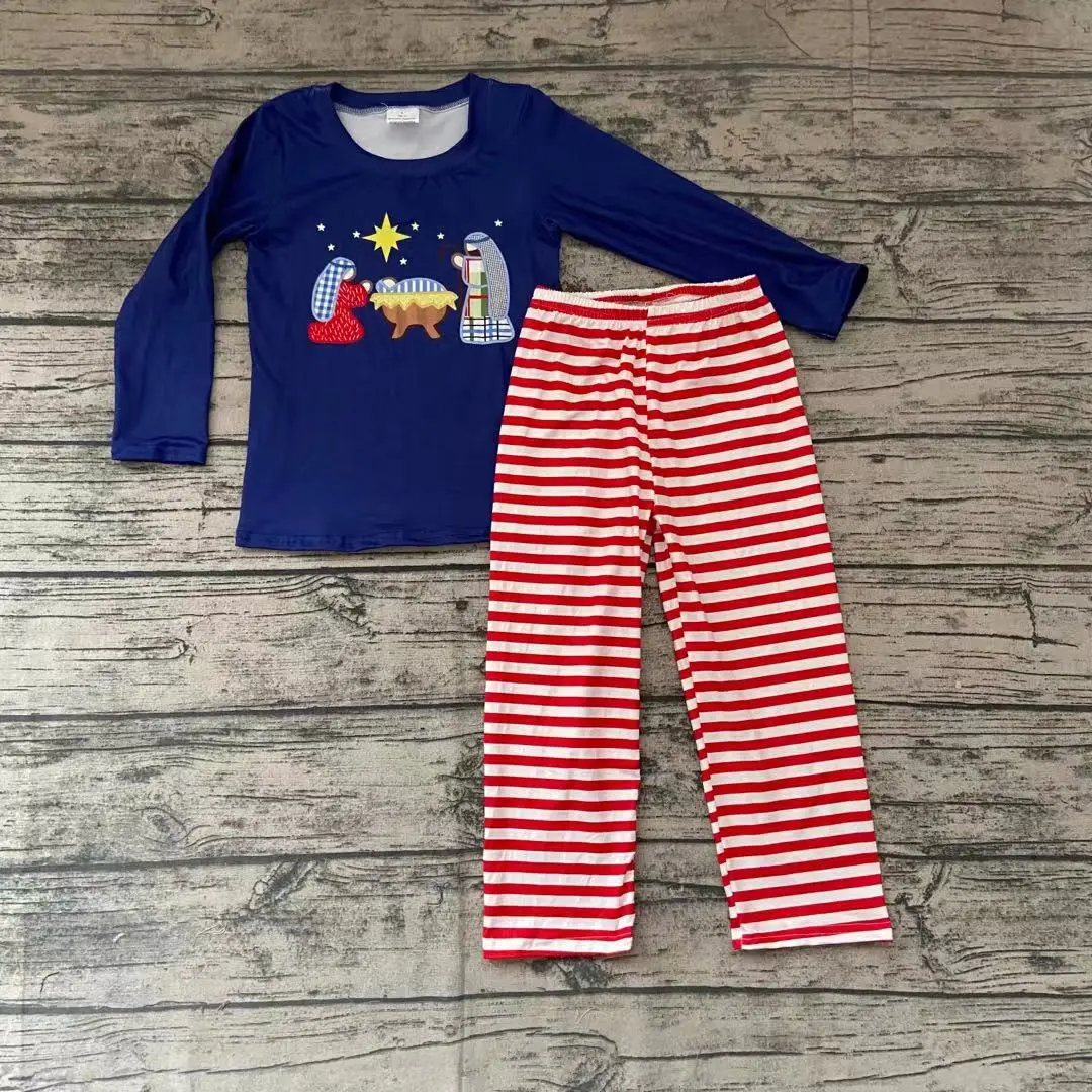 

Nativity Print Blue Long Sleeve Stripes Pants Christmas Clothing