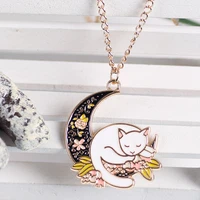 lovely cartoon anime necklace retro charm lady creative moon wreath lazy white cat pendant clavicle chain fashion girl collar