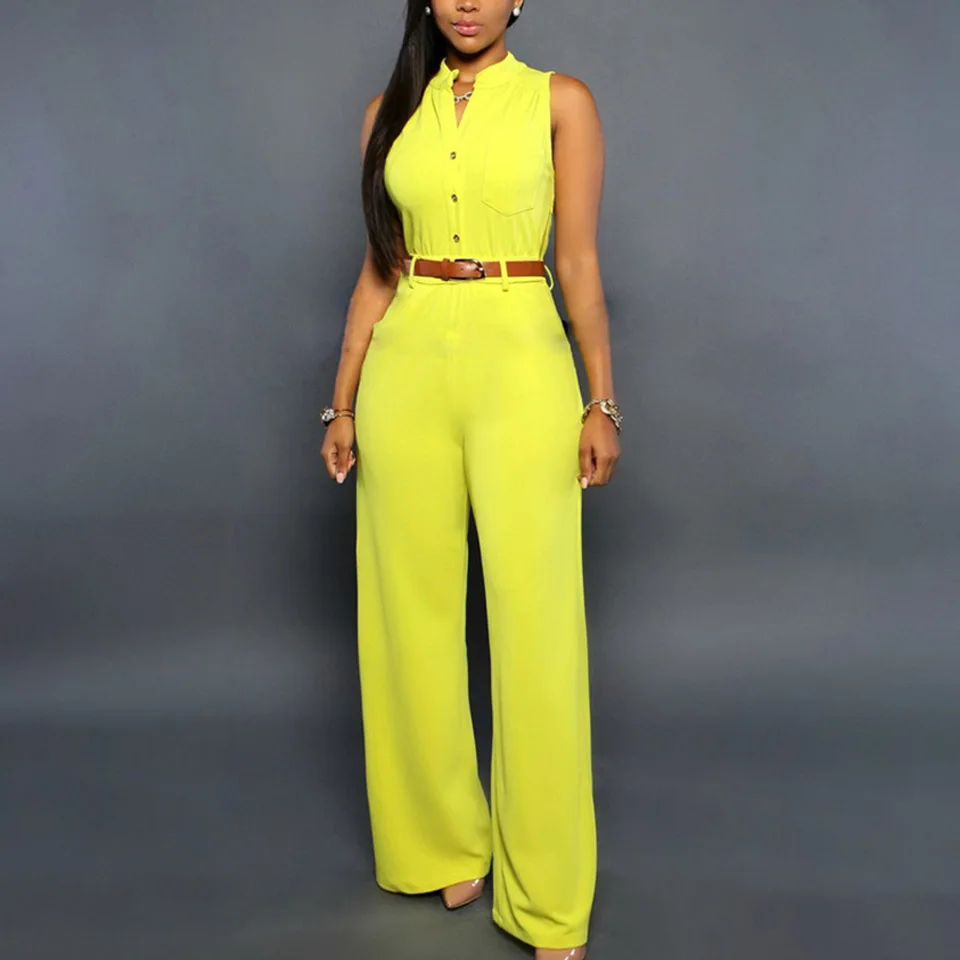 

Formal Jumpsuit Wide Leg Pant Women Office Solid Color Sleeveless Belt Shirt Jumpsuit Basic V Neck Single Breasted Jumpsuit Work
