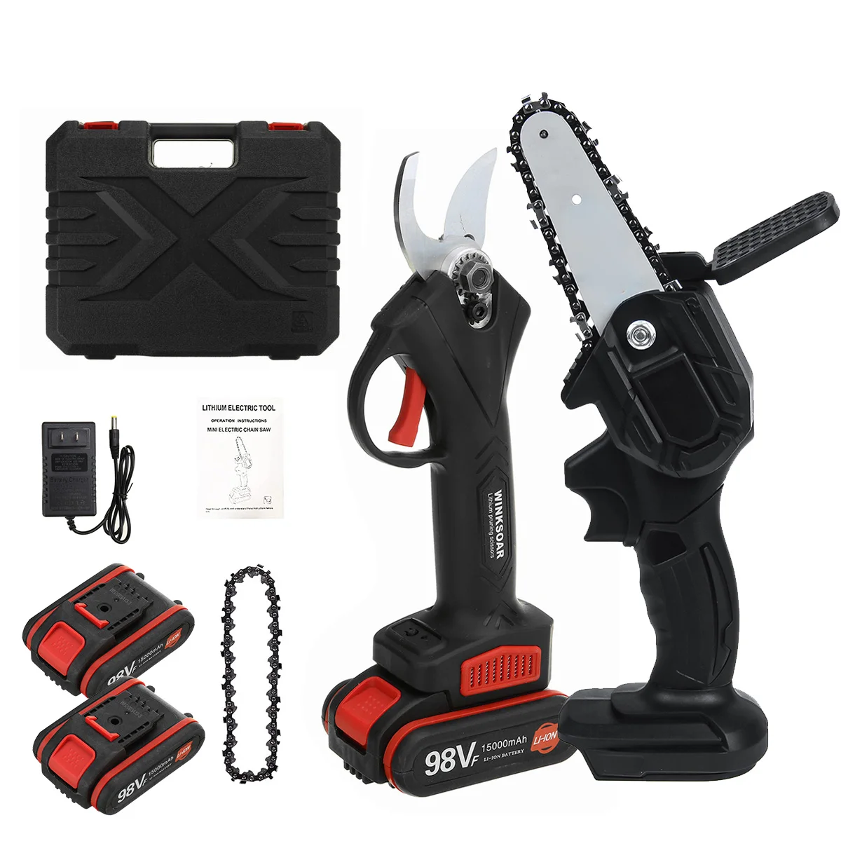 

2 In 1 98VF 4 Inch Mini Electric Chain Saw 30mm Cordless Pruner Electric Pruning Shear Wood Cutter Power Tool With 2Pcs Battery