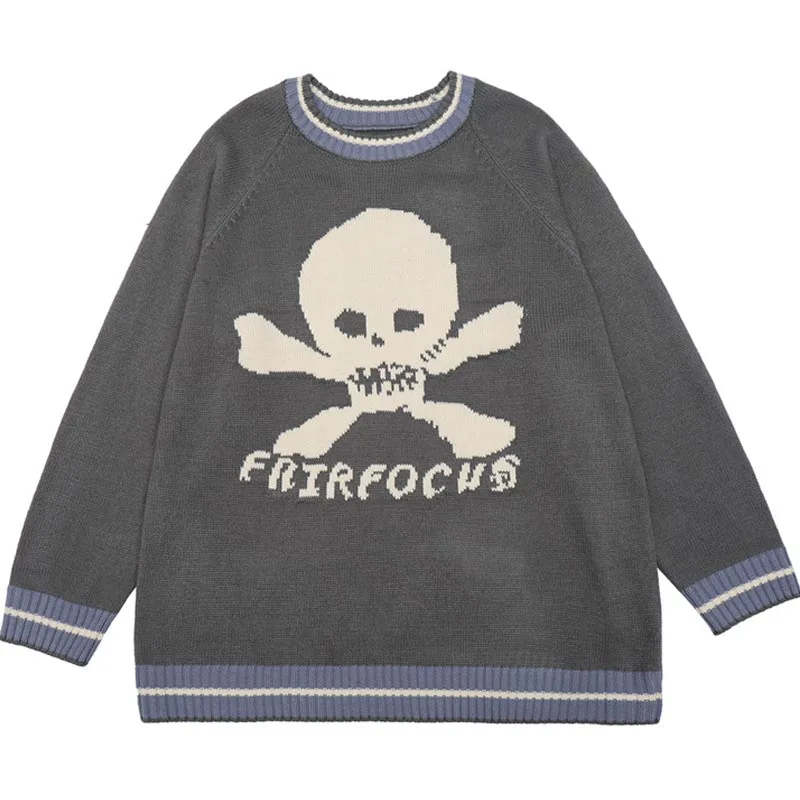 

Mens Hip Hop Skull Sweater Punk Gothic HipHop Casual Knitted Pullover Couple Loose Streetwear Autumn Fashion Round-neck Sweater