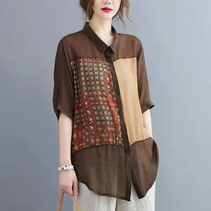 Женская длинная рубашка в стиле пэчворк, свободная повседневная хлопковая рубашка большого размера, в винтажном художественном стиле, S1547, лето 2020