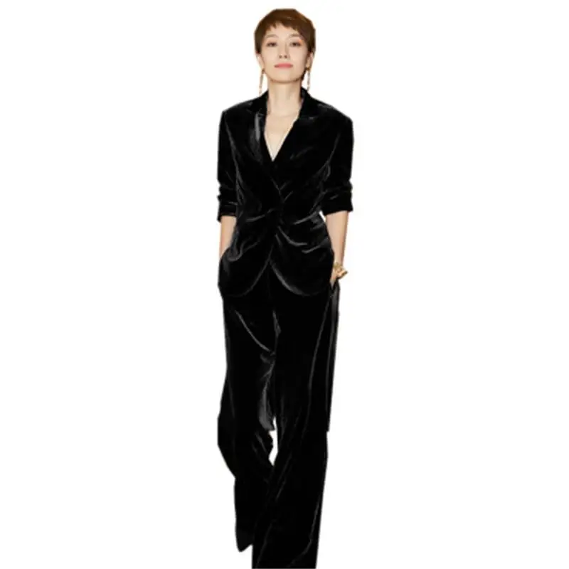 

Fashion velvet suit women's spring New England style temperament black gold velvet suit jacket + pants two-piece suit women