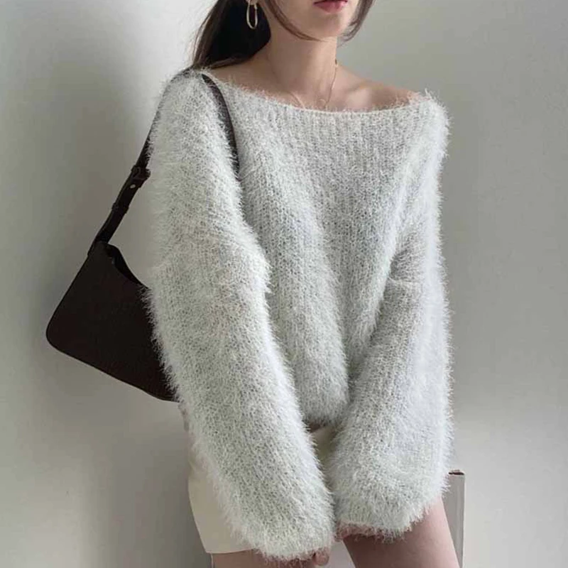 

Sweater Women 2021 New Korean Elegant One-shoulder Exposed Clavicle Plush Fluffy Loose Wild Long-sleeved Pullover Sweaters