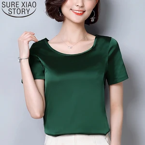 Плюс размер шелк o-образным вырезом слинг Топ атлас стрейч с короткими женские рубашки рукавами рубашка Твердые Блузки женские топы и блузки 2126 50