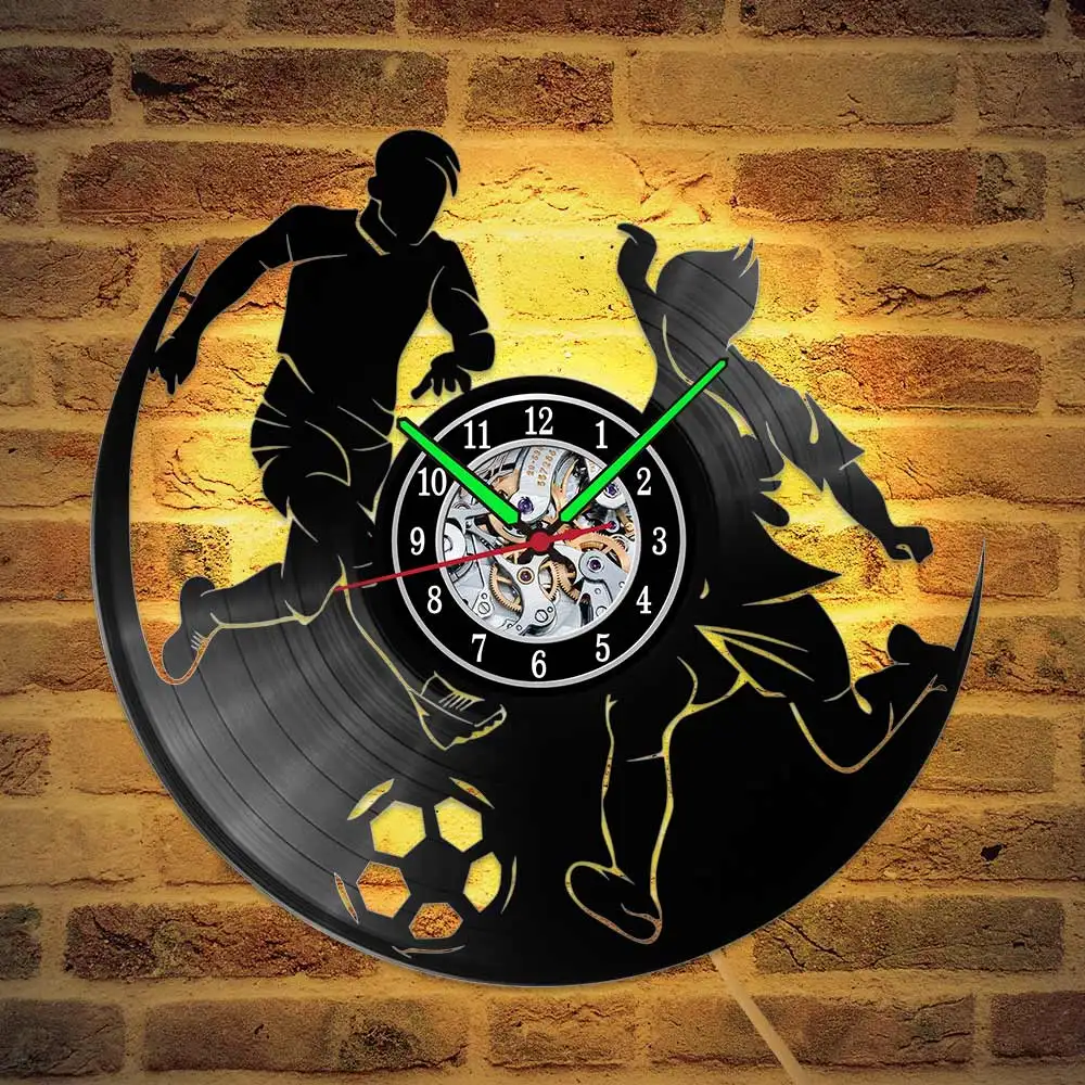 MCDFL Football Vinyl Records Luminous Wall Clock Timepiece Home Living Room Decoration Led Geek Teen Decor Watch Panel Klokken