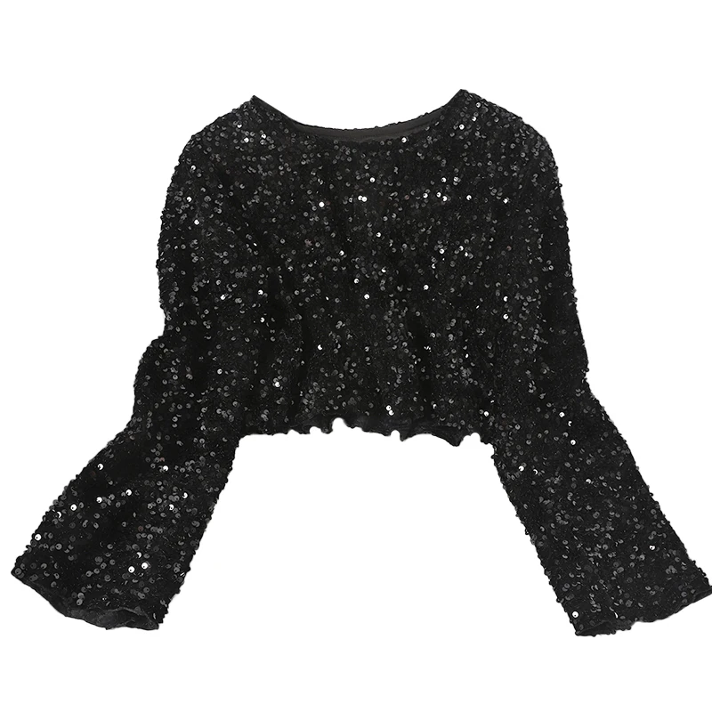 

Women Autumn T Shirts Sequins O-Neck Long-sleeved Tee Temperament Young Lady Sweet Short Crop Top Female GX