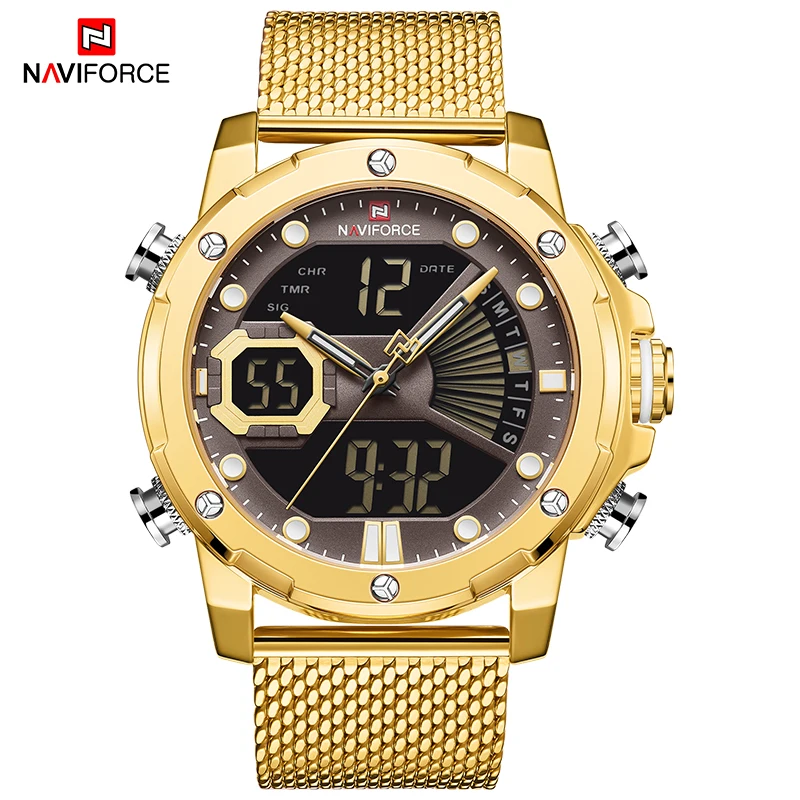 Часы наручные NAVIFORCE Мужские кварцевые люксовые брендовые золотистые Модные