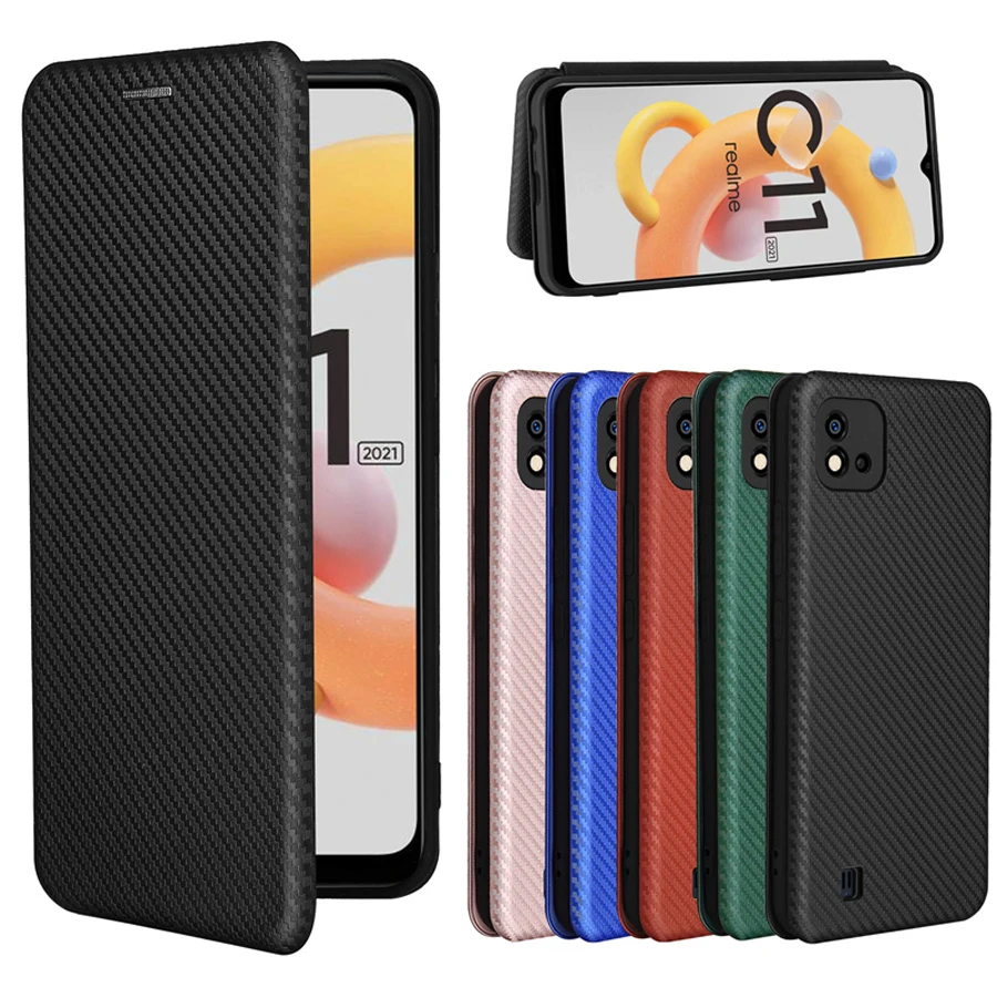 Realme C11 2021 кожаный чехол книжка с отделениями для карт Oppo C 11 магнитных углерода