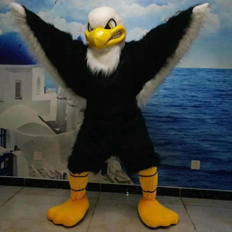 Черный орел высокое качество длинные волосы костюм-талисман мультяшный персонаж