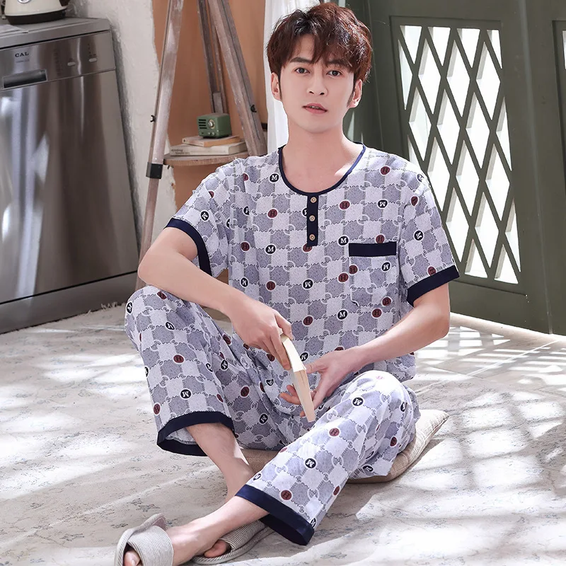 

Summer Pijamas for Men Short Sleeves Long Pants 2 Pieces Sleep Tops Mens Pajamas Men Sleepwear Print Plus Size 3XL Loungwear